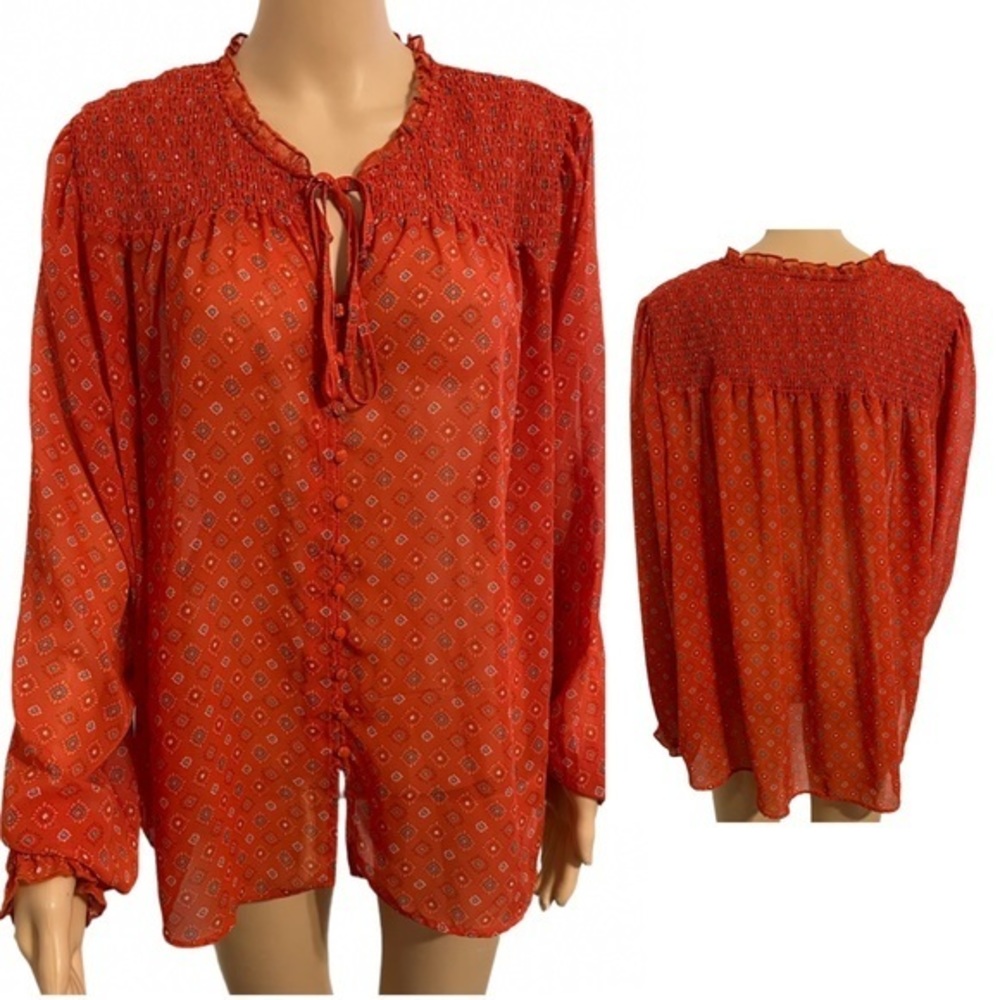 Time & Tru Women’s Burnt Orange Sheer Floral Fall Winter Blouse
